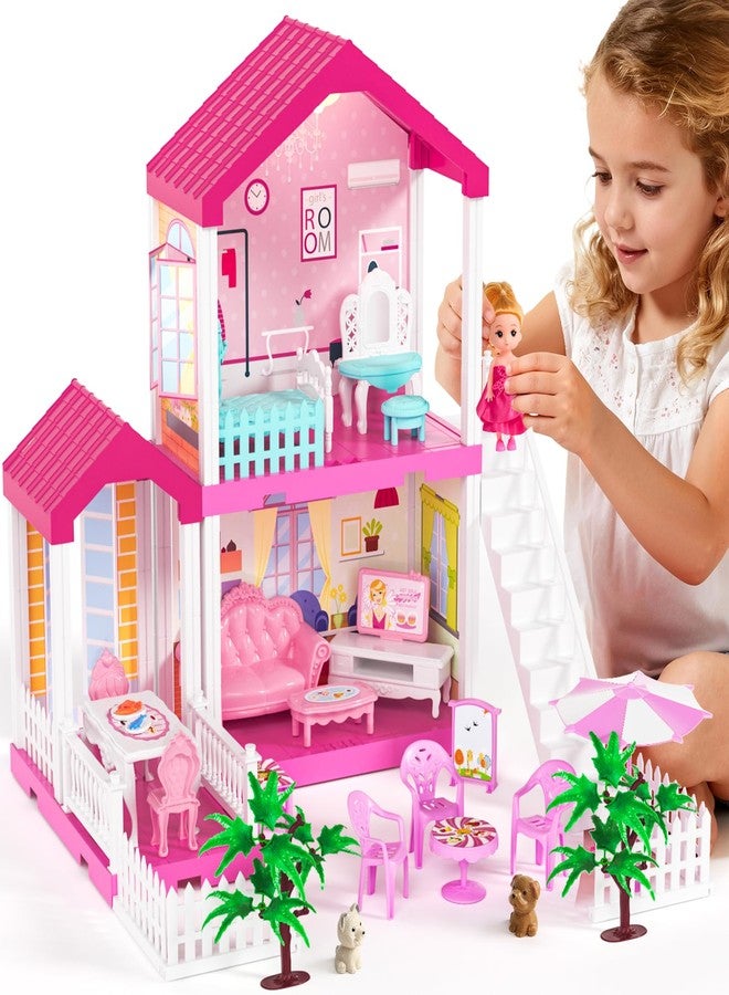 TUZT 2-Story Doll House with Stairway, Toy Figure, Pet Dogs, Furniture and Accessories, Pretend Play Dream Dollhouse with Light, Christmas Birthday Gifts for Kids Toddlers Girls Aged 3 4 5 6 - Image 1